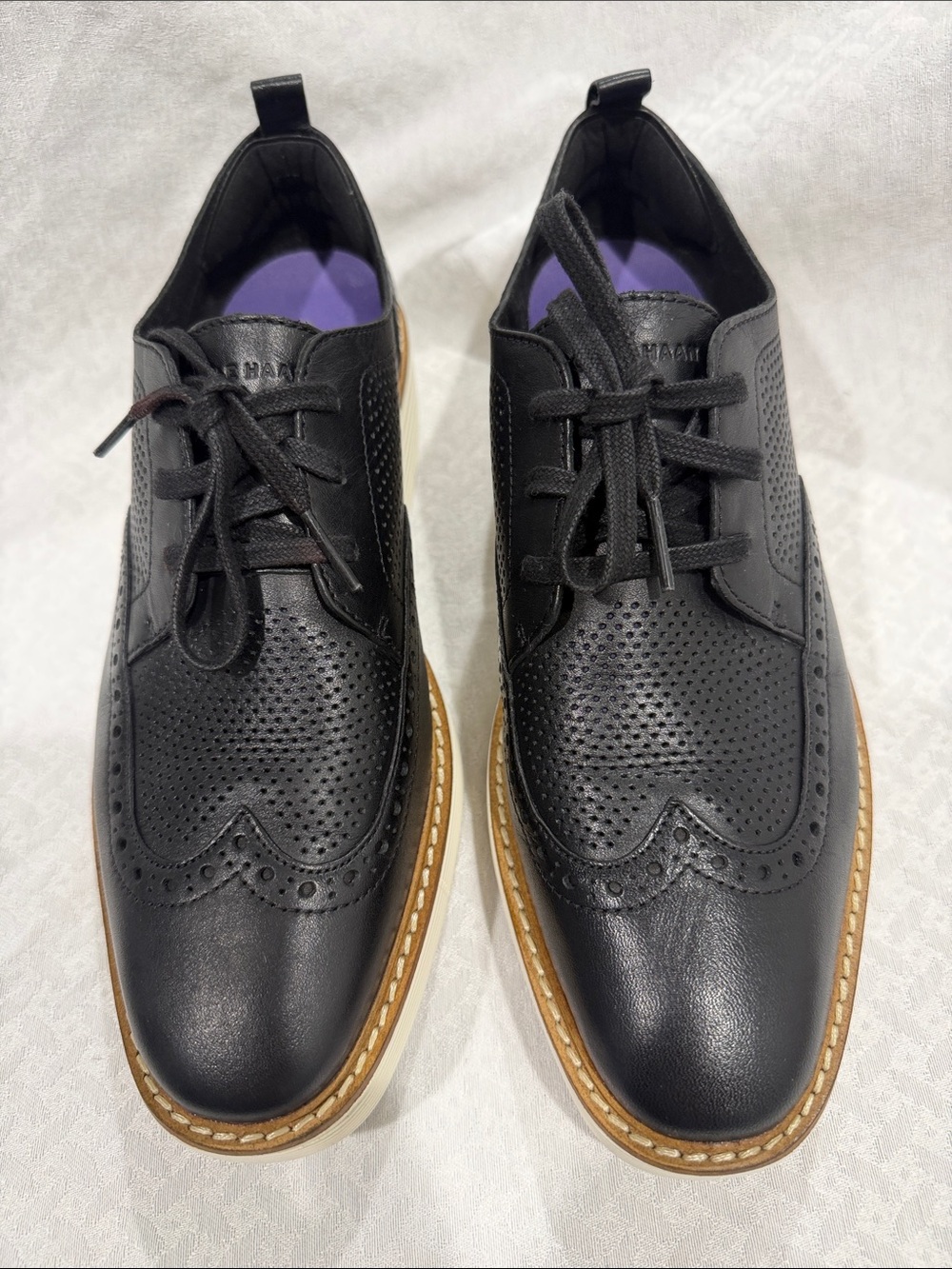 Cole Haan Black Perforated Wingtip Sneakers with Tan Trim